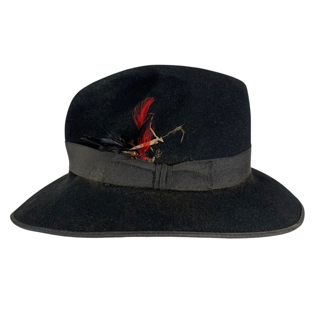Vintage DOBBS Fifth Ave NY Pure Black Wool Fedora Hat Feather Size 7 1/8 USA